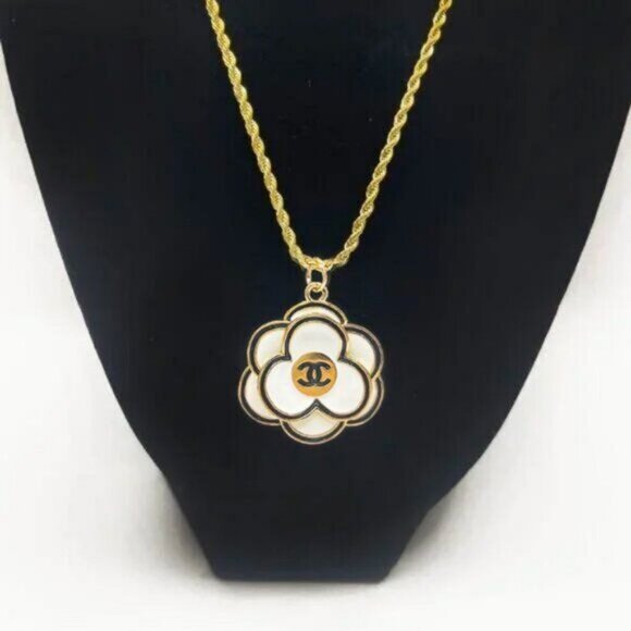 Jewelry - CHANEL CC Charm Pendant Camellia White Necklace Gold Plated Chain